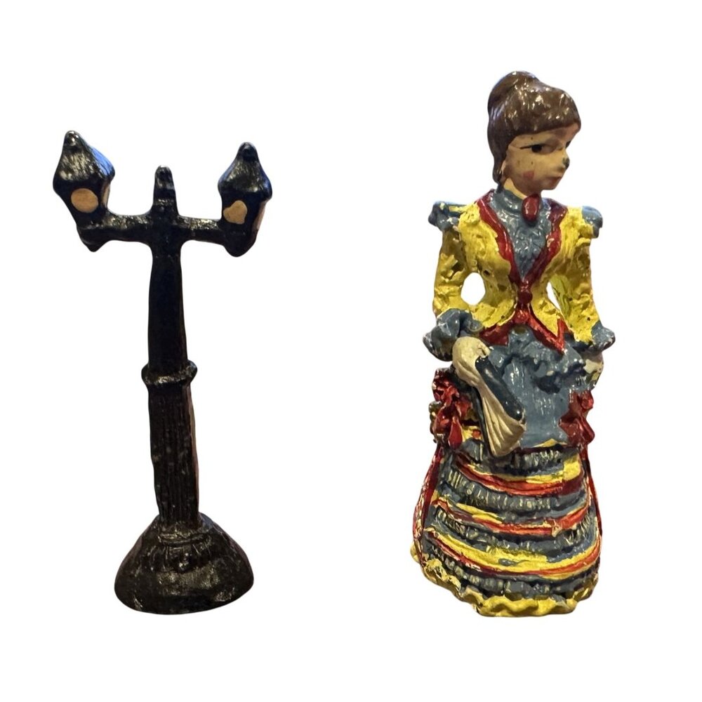 Vintage 98IRS China Lead Figure Young Woman in Dress & Light Post 1.25"